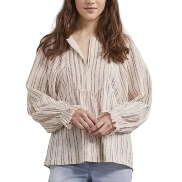 Elizabeth and James Ivory Red Pinstriped Balloon Long Sleeve Cotton Top Small - Picture 1 of 7